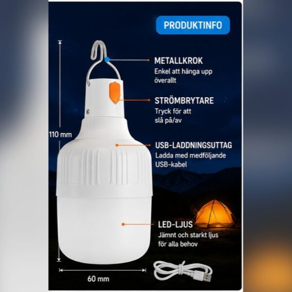 Laddningsbar campinglampa med metallkrok – bild 6